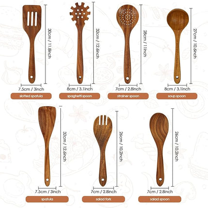 comfoyar Teak Wooden Spoons for Cooking, 7 Pieces Kitchen Cooking Utenails Set with Spatula and Ladle, Heat Resistant Kitchen Cookware for Nonstick Pan