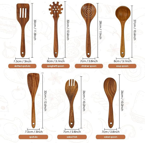 comfoyar Teak Wooden Spoons for Cooking, 7 Pieces Kitchen Cooking Utenails Set with Spatula and Ladle, Heat Resistant Kitchen Cookware for Nonstick Pan
