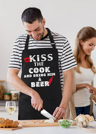 Grilling Apron - KISS THE COOK AND BRING HIM A BEER - Funny BBQ Aprons for Men Women Chef, Adjustable Kitchen Bib Apron with 2 Pockets and 40" Long Ties, Perfect for Cooking, Baking - Black