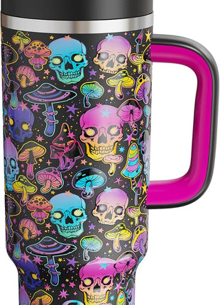 ENCOOL 40 oz Tumbler with Handle and Straw: Stainless Steel Insulated Tumbler Keeps Cold for 24 Hours, Leakproof Travel Cup Fits in Cup Holder and BPA-Free, Trippy Skulls