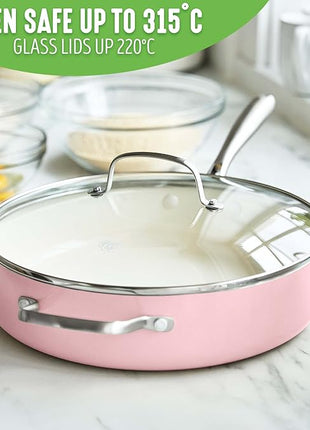 GreenLife Artisan Healthy Ceramic Nonstick, 5QT Saute Pan Jumbo Cooker with Helper Handle and Lid, Stainless Steel Handle, Induction, PFAS-Free, Dishwasher Safe, Oven Safe, Pink