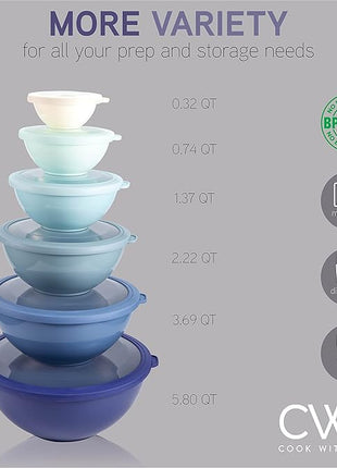 COOK WITH COLOR Mixing Bowls with TPR Lids - 12 Piece Plastic Nesting Bowls Set includes 6 Prep Bowls and 6 Lids, Microwave Safe (Blue)