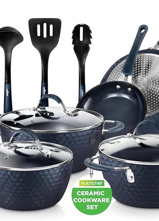 NutriChef 11 Piece Pots and Pans Set - Non Stick Cookware Set with Ceramic Coating, Cool-Touch Handles, Induction Ready, Includes Lids, and Utensils - Diamond Blue