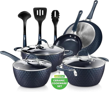 NutriChef 11 Piece Pots and Pans Set - Non Stick Cookware Set with Ceramic Coating, Cool-Touch Handles, Induction Ready, Includes Lids, and Utensils - Diamond Blue