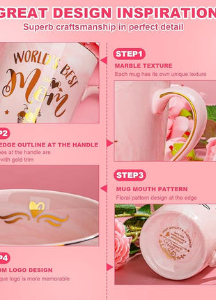 Birthday Gifts for Mom from Daughter Son Kids - Funny Birthday Gift Ideas for Mothers Wife Women - 14Oz Marble Ceramic Best Mom Coffee Mug with Lid Spoon Card, Box, Unique Moms Cup Gifts-Boxed Set