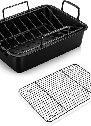 P&P CHEF 14" Roaster Roasting Pan with Baking Rack and V-shaped Rack, Stainless Steel Rectangular Lasagna Pan with Handles for Turkey Chicken, Healthy & Dishwasher Safe, 3 Pieces, Black
