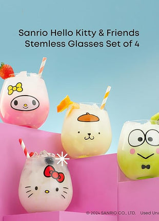 JoyJolt Sanrio Hello Kitty & Friends Hello Sippy Drinking Glasses, 15 oz Stemless Glass Cups Set of 4 ft Hello Kitty Keroppi My Melody Pompompurin, Cute Glasses for Water, Juice, Kawaii Tumbler