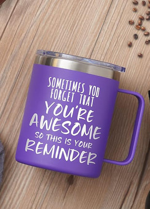 NOWWISH Inspirational 14oz Purple Mug with Handle, Sometimes You Forget You're Awesome Stocking Stuffer for Women, Unique Christmas Birthday Gifts for Her, Mom, Daughter, Wife