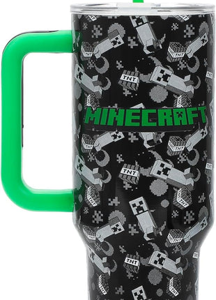 Bioworld Minecraft Creeper & TNT 40 Oz Black Stainless Steel Tumbler With Handle