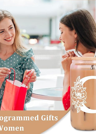 Coolife Initial Glass Cup, Monogrammed Gifts for Women, 16 oz Glass Cups w/Lids Straws, Iced Coffee Smoothie Beer Tumbler w/Straw Lid - Personalized Christmas, Birthday Gifts for Her Mom Friend Woman