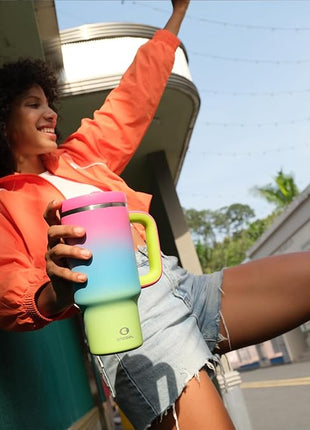 ENCOOL 32 oz Tumbler with Handle and Straw: Stainless Steel Insulated Tumbler Keeps Cold for 24 Hours, Leakproof Travel Cup Fits in Cup Holder and BPA-Free, Lime Sorbet