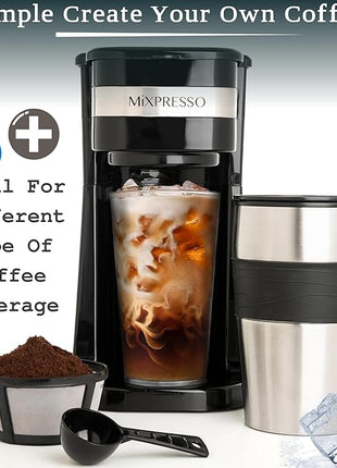 Mixpresso Black Personal Single Serve Coffee Maker with 14oz Travel Mug, Drip Small Coffee Maker with Auto Shut Off, Reusable Filter, Works with Ground Coffee Only – Not for K-Cup Pods