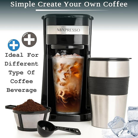 Mixpresso Black Personal Single Serve Coffee Maker with 14oz Travel Mug, Drip Small Coffee Maker with Auto Shut Off, Reusable Filter, Works with Ground Coffee Only – Not for K-Cup Pods