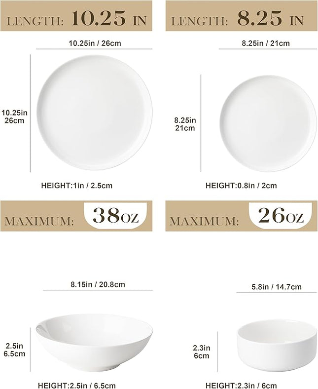 MALACASA Plates and Bowls Sets, 24 Pieces Modern Porcelain Dinnerware Set for 6 Ceramic Dishware Dishes White Kitchen Dinner Dining Ware Set Microwave and Dishwasher Safe, Series LUNA