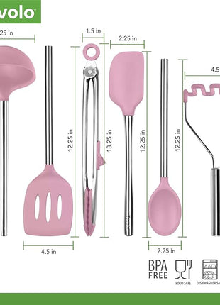 Tovolo Silicone Cooking Utensil Set of 6 Pink Sorbet Ladle Slotted Turner Tongs Flex Core Spatula Scraper Mixing Spoon and Potato Masher, Dishwasher Safe BPA Free Silicone Kitchen Utensils