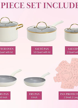 Paris Hilton Epic Nonstick Pots and Pans Set, Multi-layer Nonstick Coating, Tempered Glass Lids, Soft Touch, Stay Cool Handles, Made without PFOA, Dishwasher Safe Cookware Set, 12-Piece, Cream