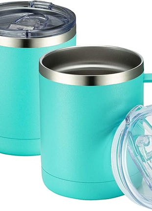 MEWAY 12oz Coffee Mug With Handle 2 Pack Bulk,Stainless Steel Insulated Travel Tumblers With Sliding Lid,Double Wall Vacuum Camping Cup for Hot & Cold Drinks Tea (Light Green,Set of 2)