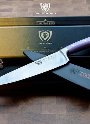 Dalstrong Chef Knife - 8 inch Blade - Gladiator Series - Forged High Carbon German Steel - Razor Sharp Kitchen Knife - Professional Full Tang Knives - Lilac Handle ABS - Sheath - NSF Certified
