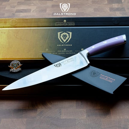 Dalstrong Chef Knife - 8 inch Blade - Gladiator Series - Forged High Carbon German Steel - Razor Sharp Kitchen Knife - Professional Full Tang Knives - Lilac Handle ABS - Sheath - NSF Certified