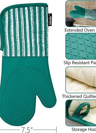 Silicone Oven Mitts Heat Resistant 932℉ with Waterproof & Non-Slip Kitchen Mittens, Set of 2 Extra Long Oven Gloves with Soft Cotton Terry Lining for Baking Cooking Barbecue (Emerald Green, 2)