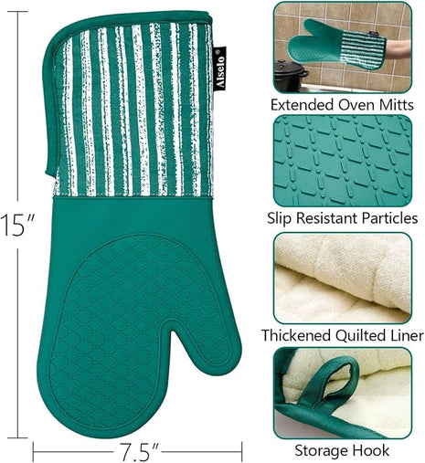 Silicone Oven Mitts Heat Resistant 932℉ with Waterproof & Non-Slip Kitchen Mittens, Set of 2 Extra Long Oven Gloves with Soft Cotton Terry Lining for Baking Cooking Barbecue (Emerald Green, 2)