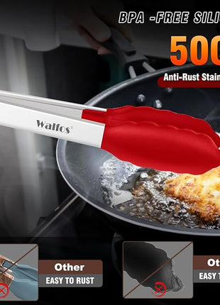 Walfos Silicone Tongs for Cooking - Heat Resistant kitchen tongs for Salad,Cooking, Grilling,Stainless Steel and BPA Free Silicone Tips set of 3 (7" 9" and 12 inch)