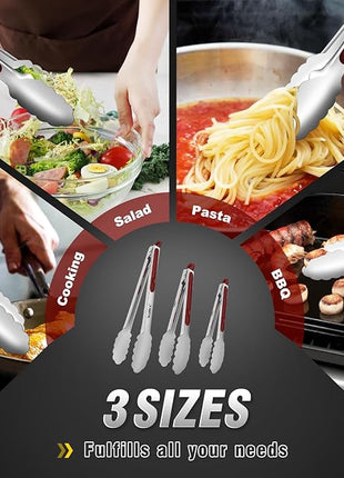 Walfos Stainless Steel Kitchen Tongs - 7, 9 & 12 Inch Heavy Duty Locking Metal Tongs for Cooking, BBQ Grilling, Set of 3 Non-Slip Grip (Wine Red)