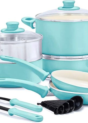 GreenLife Soft Grip Healthy Ceramic Nonstick 12 Piece Cookware Pots and Pans Set, PFAS-Free, Dishwasher Safe, Turquoise