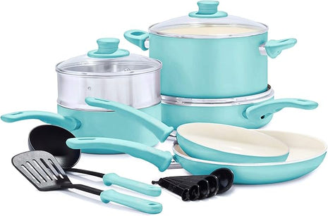 GreenLife Soft Grip Healthy Ceramic Nonstick 12 Piece Cookware Pots and Pans Set, PFAS-Free, Dishwasher Safe, Turquoise