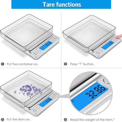 (New) AMIR Digital Kitchen Scale, 500g/ 0.01g Mini Pocket Jewelry Scale, 100g Calibration Weight, Cooking Food Scale, Back-Lit LCD Display, 2 Trays, 6 Units, Auto Off, Tare, PCS, Stainless Steel