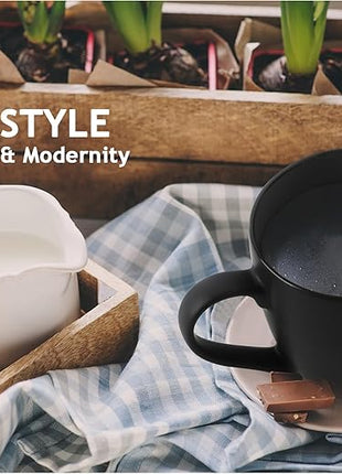 MIAMIO - Set of 6 Stoneware Coffee Mugs 12 Ounce/Cup Set - Le Papillon Collection (Black)