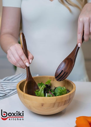 Boxiki Kitchen Luxury Teak Wood Utensil Set - Elegant 6-Piece Cooking Ensemble Including Spoons, Server, Scraper & Spatula - Expertly Crafted for Culinary Excellence