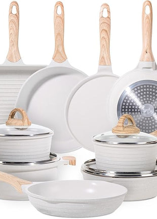 JEETEE 23pcs Pots and Pans Set Non Stick, White Cookware Sets for Kitchen, w/Frying Pans, Saucepans, Sauté & Griddle & Crepe Pan, Induction Cooking Pots (PFOA/PFAS Free)