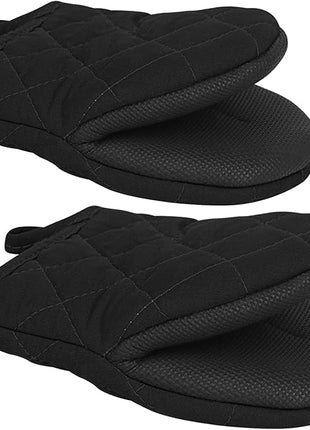 Qulable 1 Pair Short Oven Mitts - Silicone Kitchen Oven Gloves High Heat Resistant 500℉, Mini Oven Mits with Non-Slip Grip Surfaces and Hanging Loop for BBQ, Baking, Cooking and Grilling (Black)