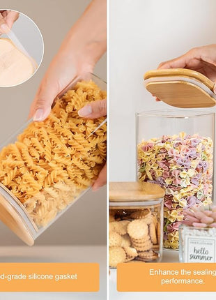 Glass Storage Jars 6 Pack -50oz (10cmx20cm)Clear Glass Food Storage Containers with Airtight Bamboo Lid Stackable Kitchen Canisters for Candy,Cookie,Rice,Sugar,Flour,Pasta,Nuts and Spice Jars(Square)