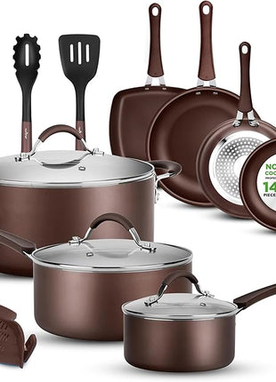 NutriChef 14-Piece Nonstick Brown Cookware Set - Scratch-Resistant Kitchen Pots and Pans with Lids & Utensils, For All Cooktops - NCCW14SBR