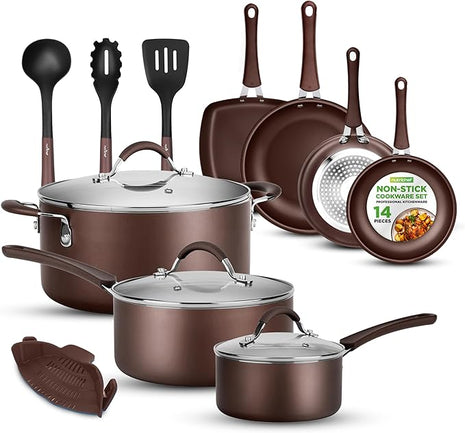 NutriChef 14-Piece Nonstick Brown Cookware Set - Scratch-Resistant Kitchen Pots and Pans with Lids & Utensils, For All Cooktops - NCCW14SBR