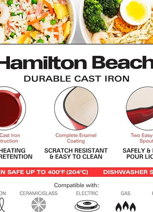 Hamilton Beach Enameled Cast Iron Fry Pan 8-Inch Red, Cream Enamel coating, Skillet Pan For Stove top and Oven, Even Heat Distribution, Safe Up to 400 Degrees, Durable