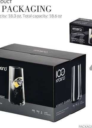 Krosno Tall Water Glasses, Set of 6, 18.3 oz, Avant-Garde Collection, Lightweight Crystal Glass, Perfect for Everyday, Dishwasher Safe, Made in Europe