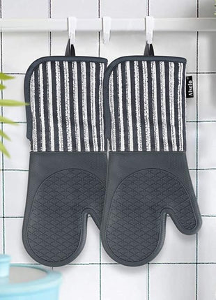 Silicone Oven Mitts Heat Resistant 932℉ with Waterproof & Non-Slip Kitchen Mittens, Set of 2 Extra Long Oven Gloves with Soft Cotton Terry Lining for Baking Cooking Barbecue