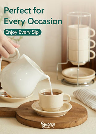 Sweese Porcelain Espresso Cups Set, 2.5 oz, Stackable with Saucers Metal Stand, Beige, 4 Pack