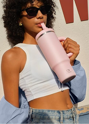 40 oz Tumbler with Handle and Straw: Stainless Steel Insulated Tumbler Keeps Cold for 24 Hours, Leakproof Travel Cup Fits in Cup Holder and BPA-Free, Cotton Candy