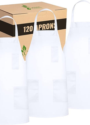 GREEN LIFESTYLE 120 Pack Chef Apron with Pockets – Grilling Aprons for Men, Waterproof Cooking Apron for BBQ, Work or Restaurant Use, Kitchen Aprons for Women with Pockets – White