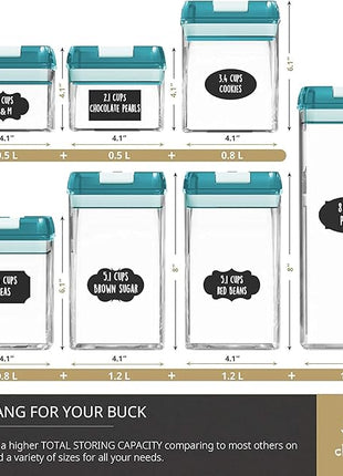 Airtight Food Storage Containers for Pantry Organization & Storage - 7 PC Pantry Organizer Plastic Containers for Food with Flip Lock Lids - Stackable Sugar Container & Food Storage Canisters (Teal)