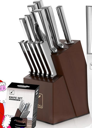 Knife Set - imarku Kitchen Knife Set 15 Piece Japanese Stainless Steel Knife Block Set with Sharpener - Dishwasher Safe Kitchen Knives - Ultra Sharp Chef Knife Set for Kitchen, Silver