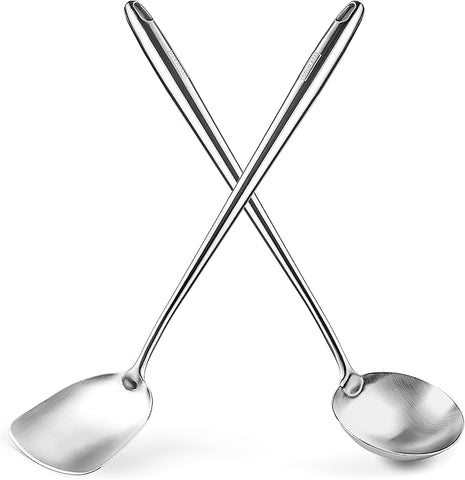 YOSUKATA 17’’ Wok Spatula and Ladle - Set of 2 Heat-Resistant Wok Tools - Universal Wok Ladle and Spatula - High-Grade 304 Stainless Steel Cooking Utensils and Wok Accessories - Solid Wok Utensils