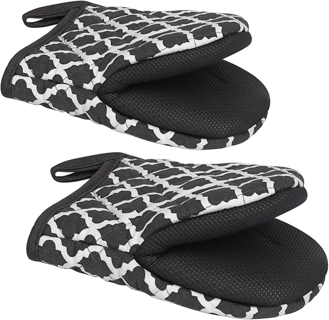 1 Pair Short Oven Mitts, Heat Resistant Silicone Kitchen Mini Oven Mitts for 500 Degrees, Non-Slip Grip Surfaces and Hanging Loop Gloves, Baking Grilling Barbecue Microwave Machine Washable