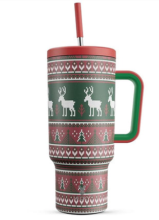 Meoky 40 oz Christmas Tumbler with Handle and Straw, Xmas Tumbler with Lid and Straw, Insulated Stainless Steel Travel Mug, Christmas Gifts for Women Men Adults (Jolly Reindeer)
