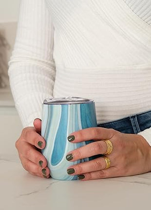 CHILLOUT LIFE 12 oz Stainless Steel Wine Tumblers 4 Pack - Double Wall Vacuum Insulated Wine Glasses Cups with Lids and Straws Set Keeping Cold & Hot for Coffee, Beer, Ice Cream - Ocean Marble Pattern