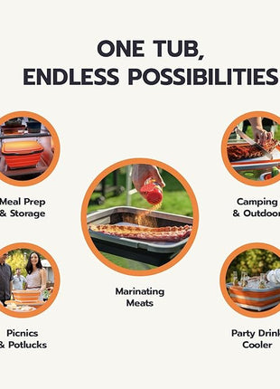 Drip EZ Collapsible BBQ Prep Tub - For Meal Prep Marinating Food Storage - Includes Cutting Board & Locking Lid - (1) XL - Orange